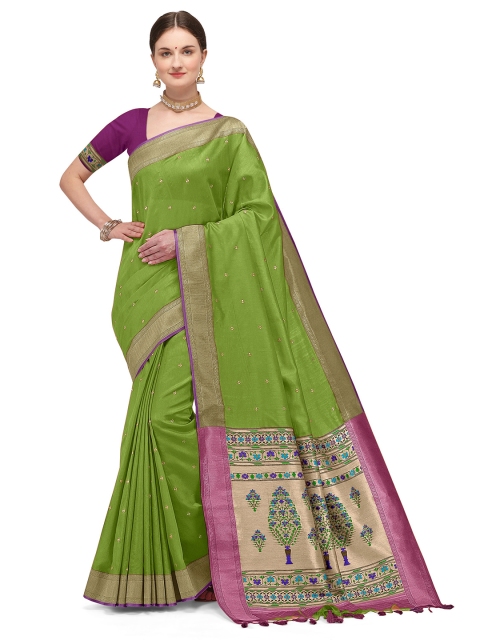

Kasak Women Green & Pink Ethnic Motifs Zari Silk Blend Paithani Saree