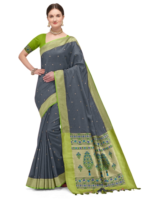 

Kasak Women Grey & Green Ethnic Motifs Zari Silk Blend Paithani Saree