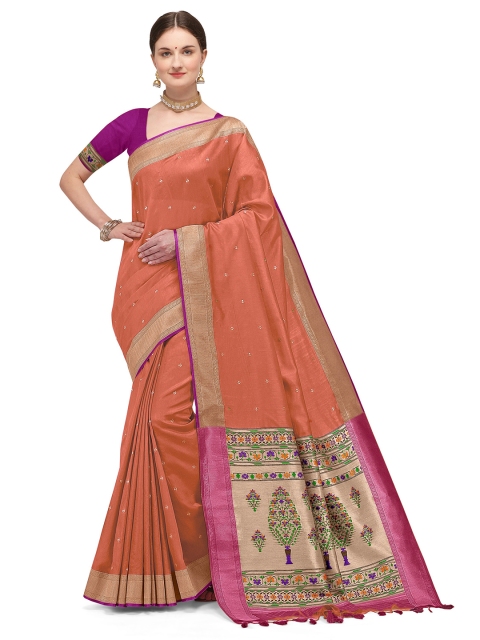 

Kasak Orange & Pink Ethnic Motifs Zari Silk Blend Paithani Saree
