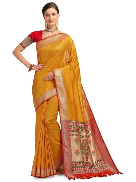 

Kasak Yellow & Red Ethnic Motifs Zari Silk Blend Paithani Saree