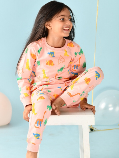 

Anthrilo Girls Pink & Green Printed Cotton Sweatshirt with Joggers