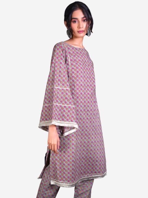 

Alaya By Stage3 Women Green Floral Printed Pure Cotton Kurta with Trousers