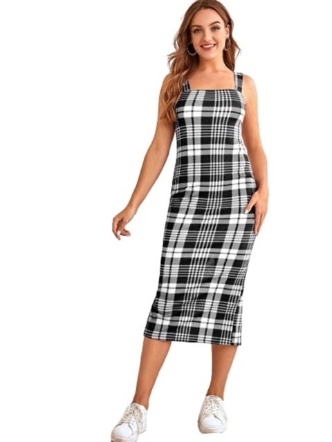 

SWEETPEL White Checked Sheath Midi Dress