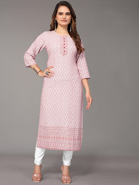 

Nimayaa Women Pink Floral Printed Thread Work Quirky Kurta