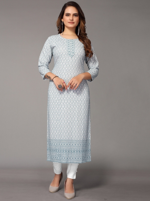 

Nimayaa Women Blue Geometric Printed Flared Sleeves Thread Work Quirky Kurta