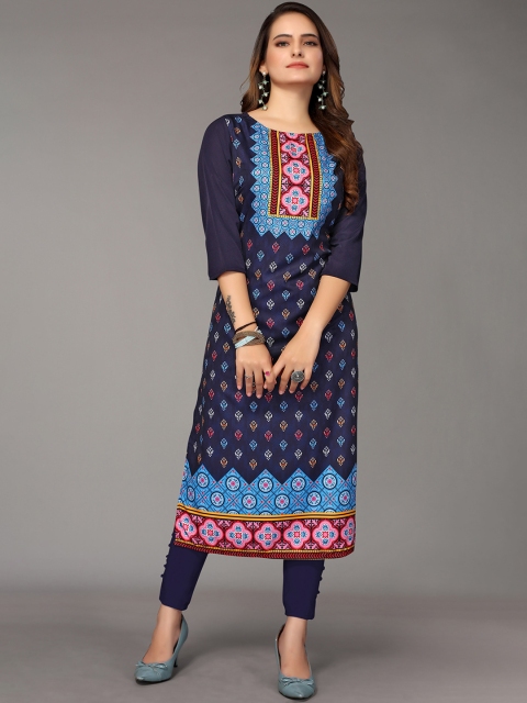 

Nimayaa Women Navy Blue Geometric Printed Crepe Kurta