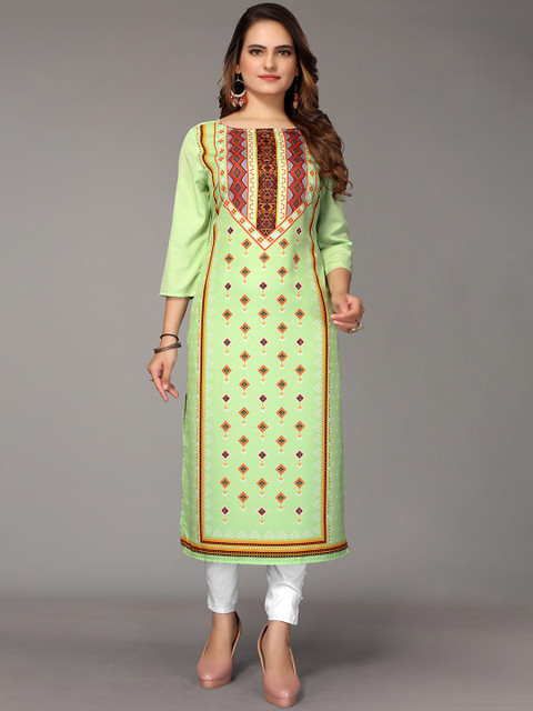 

Nimayaa Women Green Floral Printed Thread Work Indie Prints Crepe Kurta