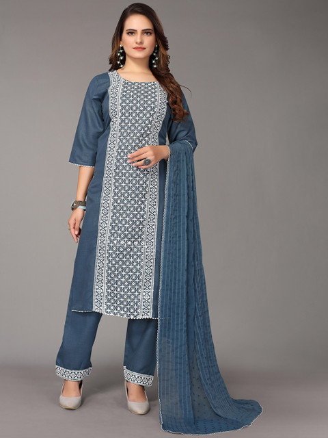 

Nimayaa Women Teal Embroidered Panelled Thread Work Kurta with Trousers & With Dupatta