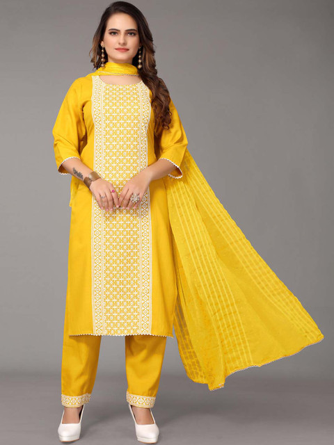 

Nimayaa Women Mustard Yellow Yoke Design Chikankari Kurta with Trousers & With Dupatta