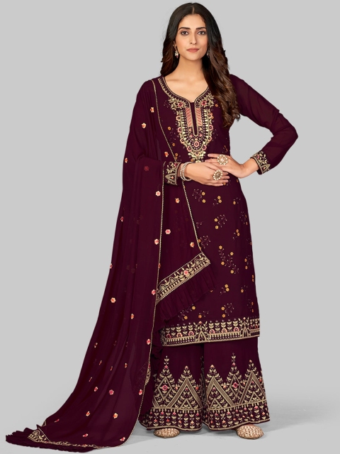 

7TH FAB Women Maroon Ethnic Motifs Empire Kurti with Skirt & With Dupatta