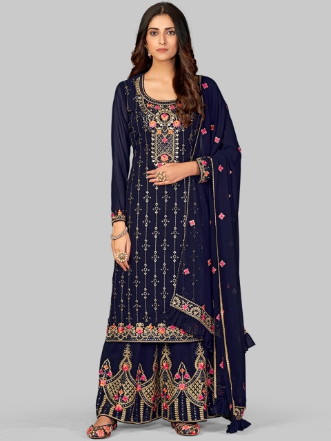 

7TH FAB Women Blue Floral Embroidered Empire Kurti with Sharara & With Dupatta