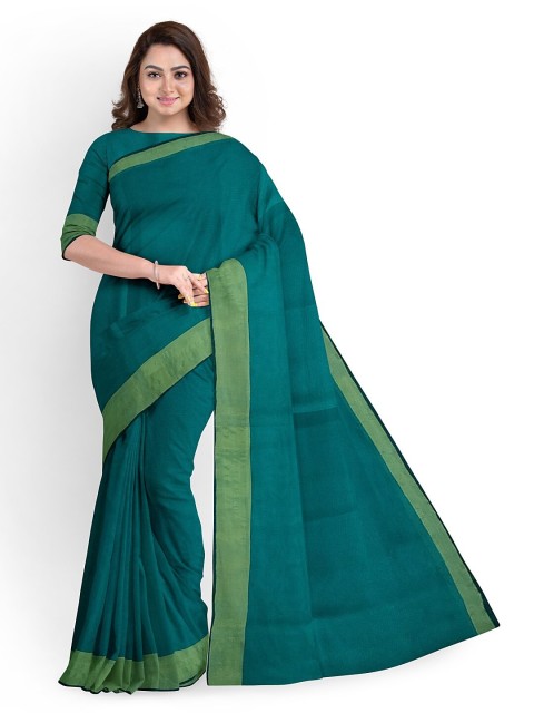 

SAADHVI Green Solid Silk Cotton Zari Border Sungudi Saree