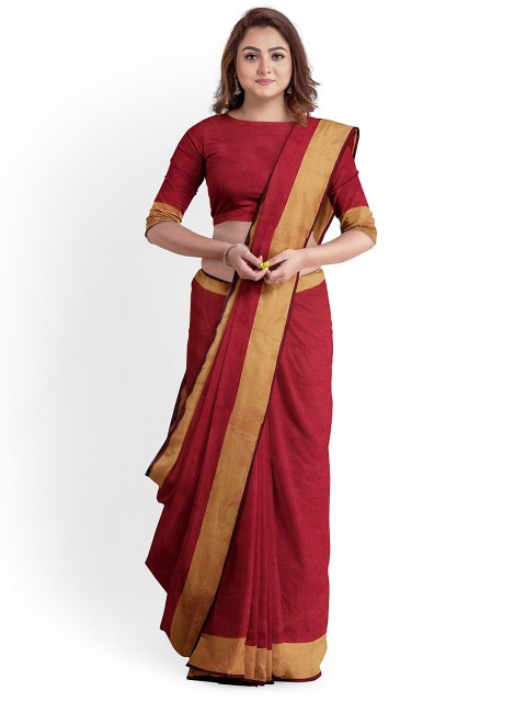 

SAADHVI Red & Gold-Toned Silk Cotton Sungudi Saree With Un-Stitched Blouse