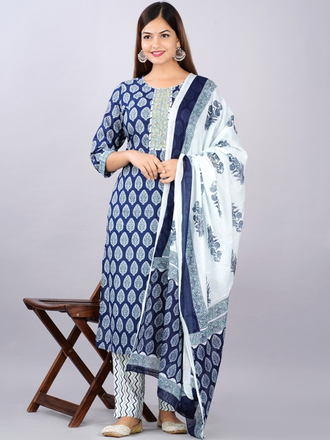

KALINI Women Blue Ethnic Motifs Printed Empire Pure Cotton Kurta with Palazzos & With Dupatta