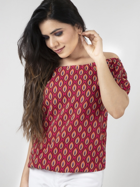 

Prime Lady Red Geometric Printed Off-Shoulder Georgette Crop Top