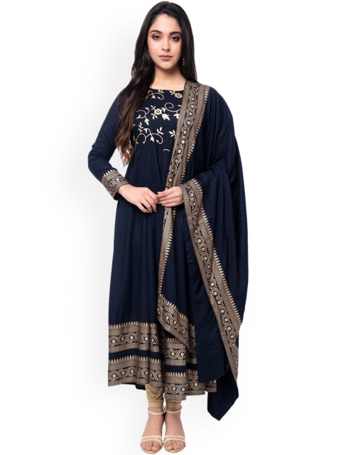 

VASTRAMANIAA Women Blue & Gold-Toned Ethnic Motifs Floral Anarkali Kurta