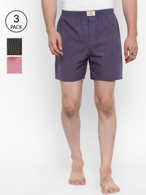 

cape canary Pack Of 3 Men Pink & Blue Checked Cotton Boxers