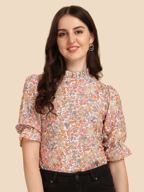 

Wedani Beige & Pink Floral Printed Regular Top