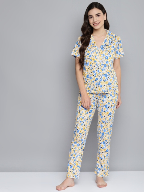 

VividArtsy Women White & Yellow Printed Cotton Night suit