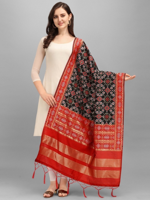 

RIVAMA Black & Red Ethnic Motifs Woven Design Cotton Silk Foil Print Dupatta with Zari