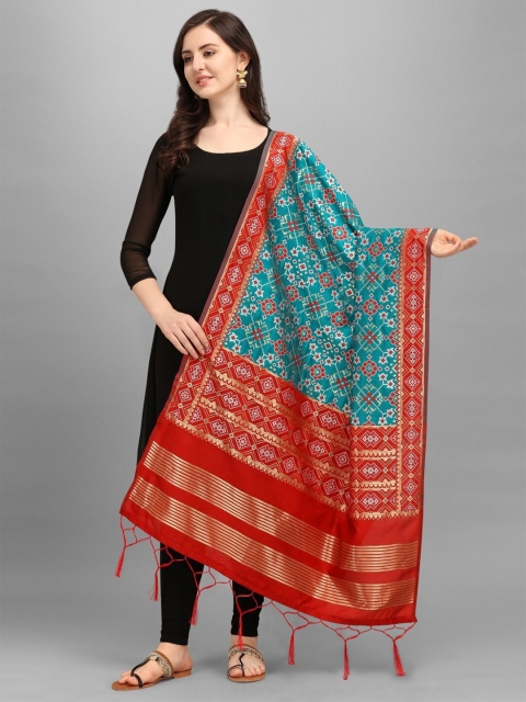 

RIVAMA Turquoise Blue & Red Ethnic Motifs Woven Design Cotton Silk Foil Print Dupatta with Zari