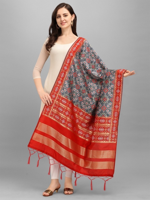 

RIVAMA Grey & Red Ethnic Motifs Woven Design Cotton Silk Foil Print Dupatta with Zari