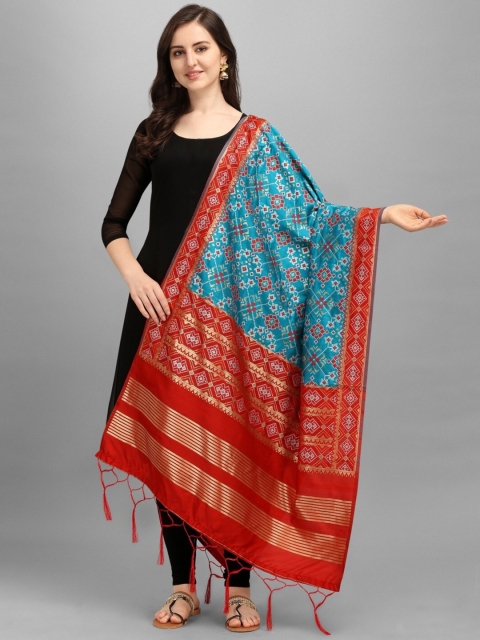 

RIVAMA Blue & Red Ethnic Motifs Woven Design Cotton Silk Foil Print Dupatta with Zari
