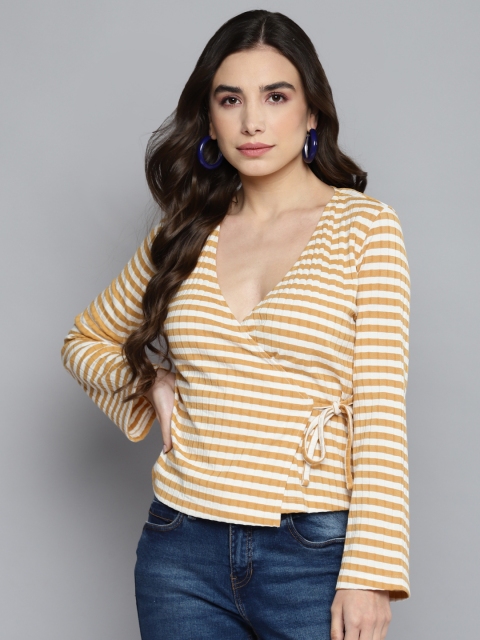 

VividArtsy Mustard Yellow & White Striped Wrap Top