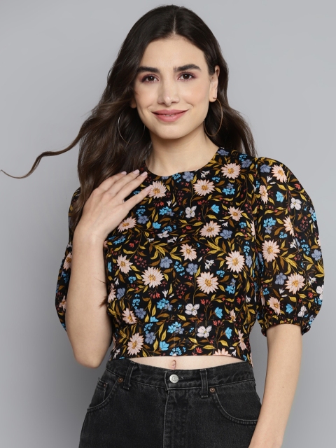 

VividArtsy Black Floral Print Crop Top