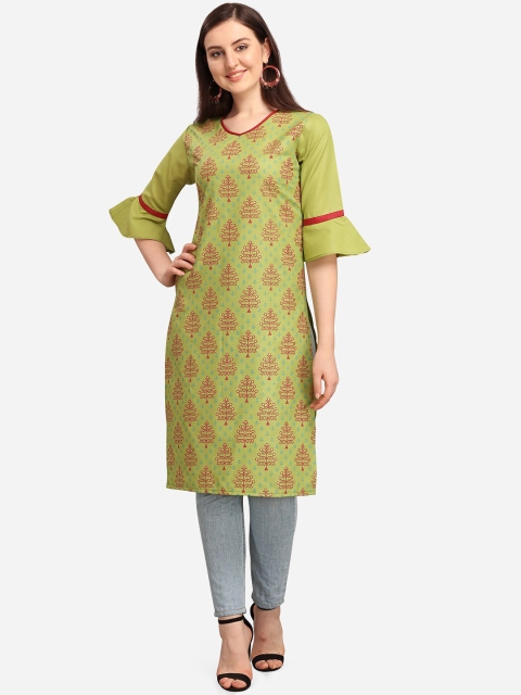 

Youthnic Women Green Cotton Blend Ethnic Motifs Printed Straight Kurta