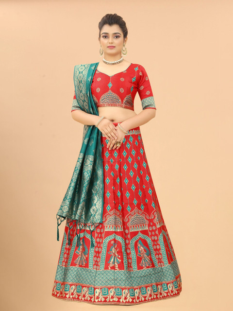

M Venture Red & Blue Ready to Wear Lehenga & Unstitched Blouse With Dupatta