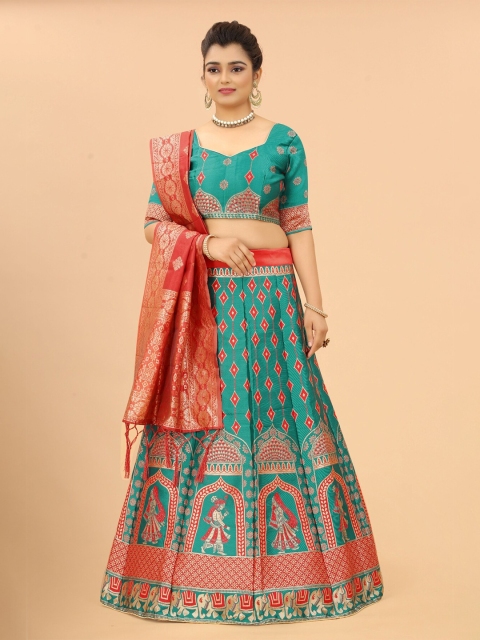 

M Venture Turquoise Blue & Red Ready to Wear Lehenga & Unstitched Blouse With Dupatta