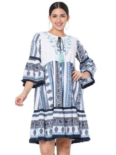 

Smarty Pants Women Blue Ethnic Motifs Printed Cotton Tie-Up Neck A-Line Dress