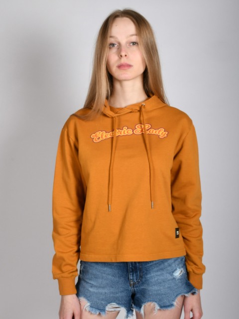 

LOVEGEN Women Mustard Long Sleeve Hooded Sweatshirt With Foil Print