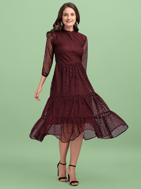 

Wedani Purple Self Design Net Tiered Midi Dress