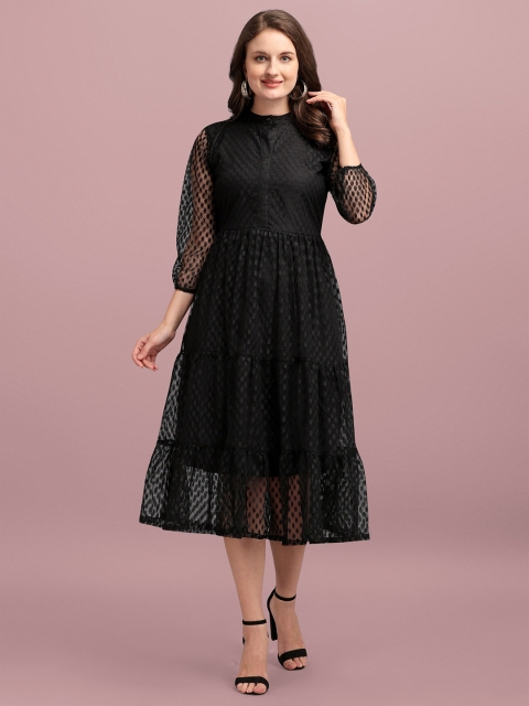 

Wedani Black Net Self Design Tiered Midi Dress