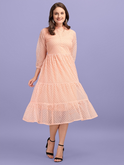 

Wedani Peach-Coloured Net Self Design Tiered Midi Dress