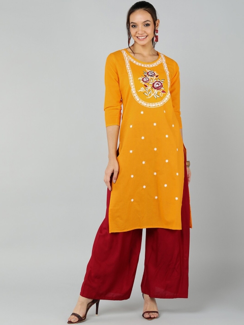 

Jaipur Folk Women Mustard Yellow Floral Embroidered Kurta