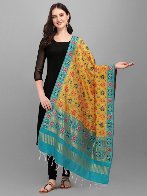 

RIVAMA Yellow & Blue Ethnic Motifs Woven Design Cotton Silk Foil Print Dupatta with Zari