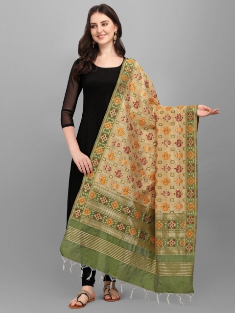 

RIVAMA Gold-Toned & Green Ethnic Motifs Woven Design Cotton Silk Foil Print Dupatta with Zari