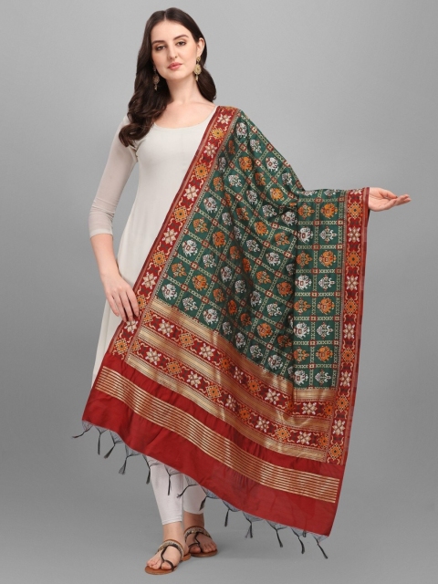 

RIVAMA Green & Maroon Ethnic Motifs Woven Design Cotton Silk Foil Print Dupatta