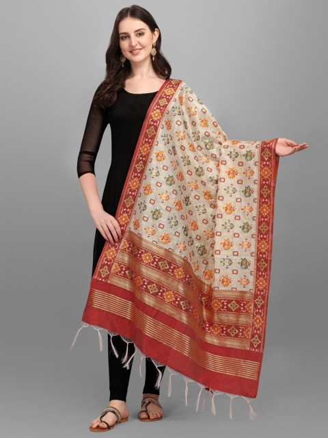

RIVAMA Gold-Toned & Red Ethnic Motifs Woven Design Cotton Silk Foil Print Dupatta with Zari