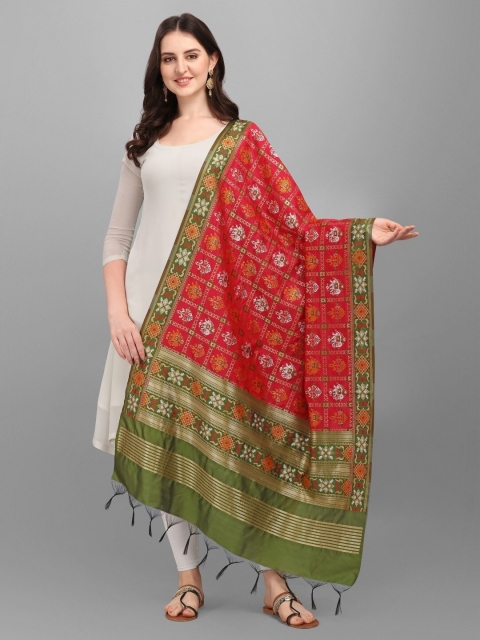 

RIVAMA Pink & Green Ethnic Motifs Woven Design Cotton Silk Foil Print Dupatta with Zari