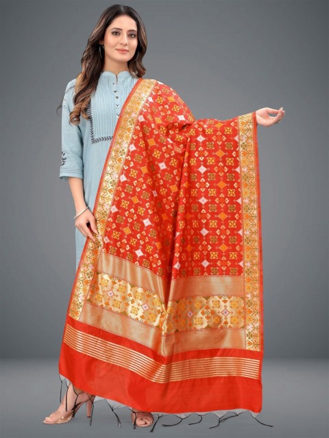

RIVAMA Orange & Gold-Toned Women Ethnic Motifs Woven Design Foil Print Dupatta