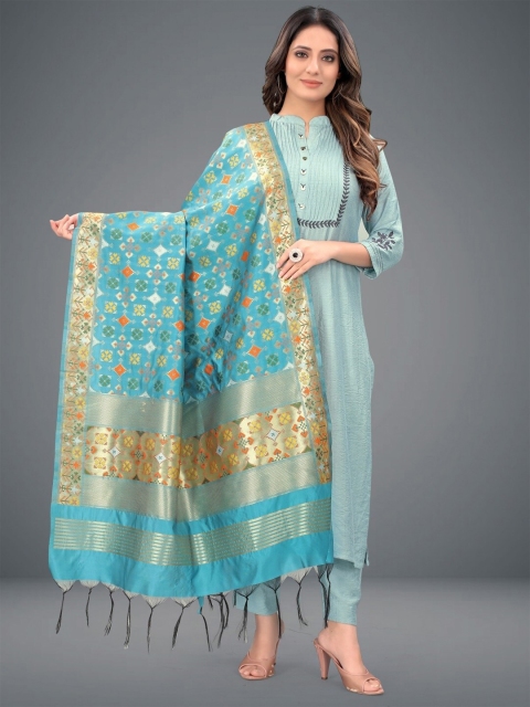

RIVAMA Women Blue & Gold-Toned Ethnic Motifs Woven Design Foil Print Dupatta