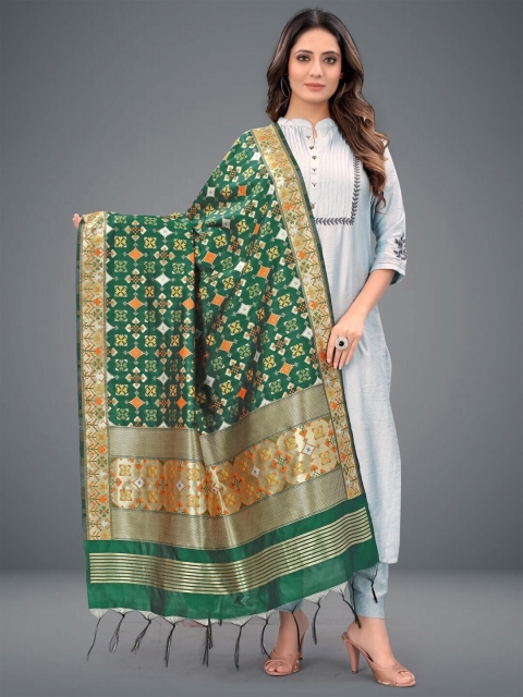 

RIVAMA Women Green & Orange Ethnic Motifs Woven Design Foil Print Dupatta