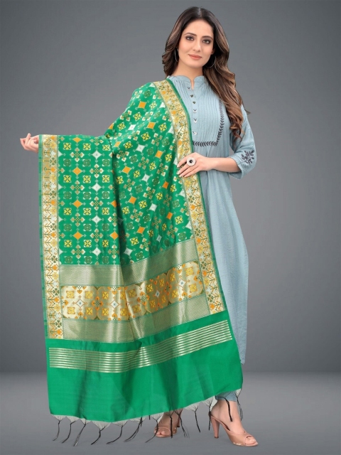 

RIVAMA Women Lime Green & Gold-Toned Ethnic Motifs Woven Design Foil Print Dupatta