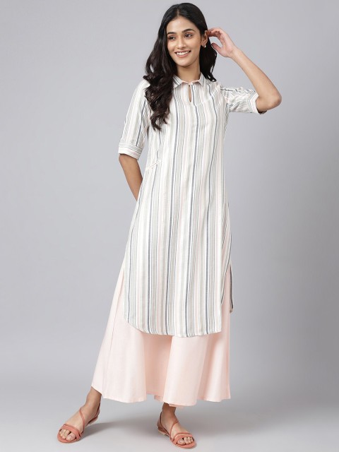 

AURELIA Women White Striped Kurta with Palazzos