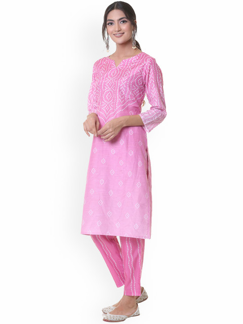 

HEEPOSH Women Pink Bandhani Printed Chanderi Silk Kurti with Salwar