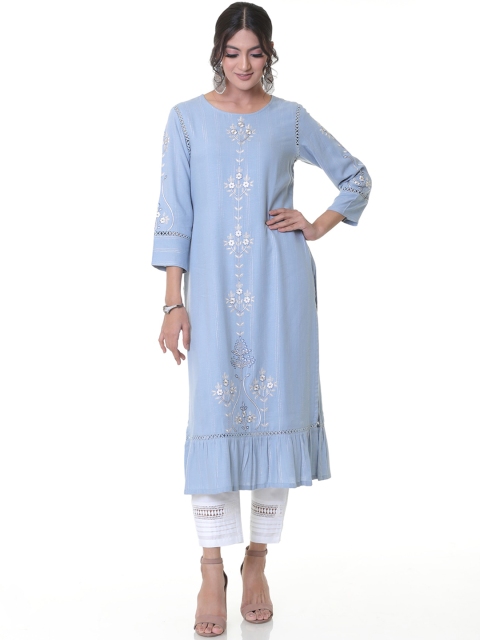 

HEEPOSH Women Blue Floral Embroidered Kurta